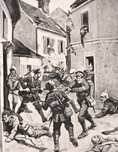 Britse en Duitse soldaten in handgemeen tijdens de bestorming van Loos, Frankrijk 25 september 1915, uit 